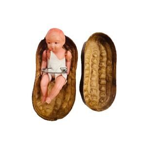 Antique Celluloid Baby Doll Papier Mache Peanut Shell Crib Box Vtg 1920's